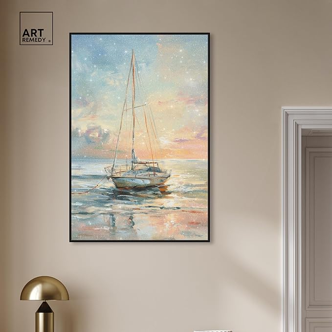 Art Remedy Boat On The Shore Framed Sailing 1 Piece Canvas Wall Art, 31" x 46", Black Frame
