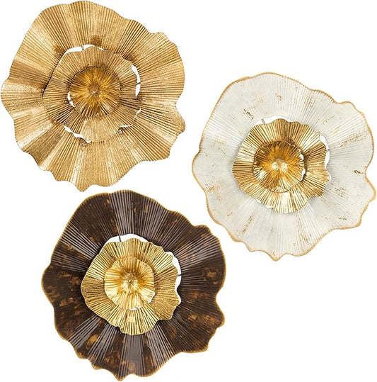 Briful 12" Gold Wall Décor Pack of 3 Metal Flower Plate Wall Art Modern Accent Hanging Wall Decorations For Home Office Bedroom Or Living Room Wall Sculptures