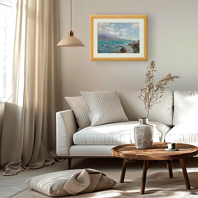 Brivoria Framed Coastal Canvas Wall Art Gallery Decor 16x20 Inch Faux Wood Frame with Mat for Living Room Office or Guest Room Display Statement Gallery Coastal Print – Rocky Coast