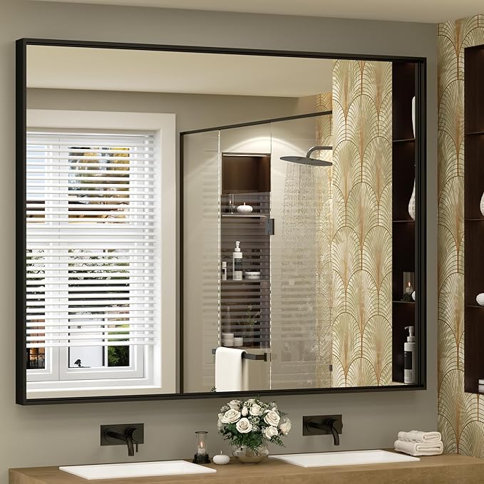 48x40 Inch Black Metal Framed Bathroom Mirror for Wall, Large Rectangle Mirror, Matte Black Bathroom Vanity Mirror, Anti-Rust, Square Corner, Shatterproof (Horizontal/Vertical)