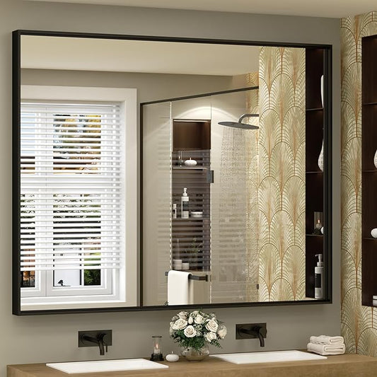 48x40 Inch Black Metal Framed Bathroom Mirror for Wall, Large Rectangle Mirror, Matte Black Bathroom Vanity Mirror, Anti-Rust, Square Corner, Shatterproof (Horizontal/Vertical)