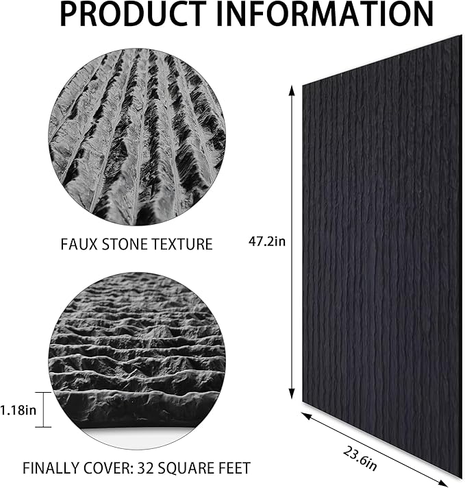 KASARO 3D Panels for Interior Wall Decor, Faux Stone PU Wall Panels, Decorative Textured Flowstone Wall Covering Panels, 47.24" x 23.62" Waterproof, Bedroom Hotel Office Shop, Black, 3 Pack