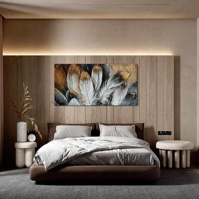 Mofutinpo Feather Wall Art Modern Living Room Bedroom Wall Decoration Large Giclee Print Canvas Painting Artwork for Home Decor One Piece White Gold Brown Feather Picture Ready to Hang 24x48 Size