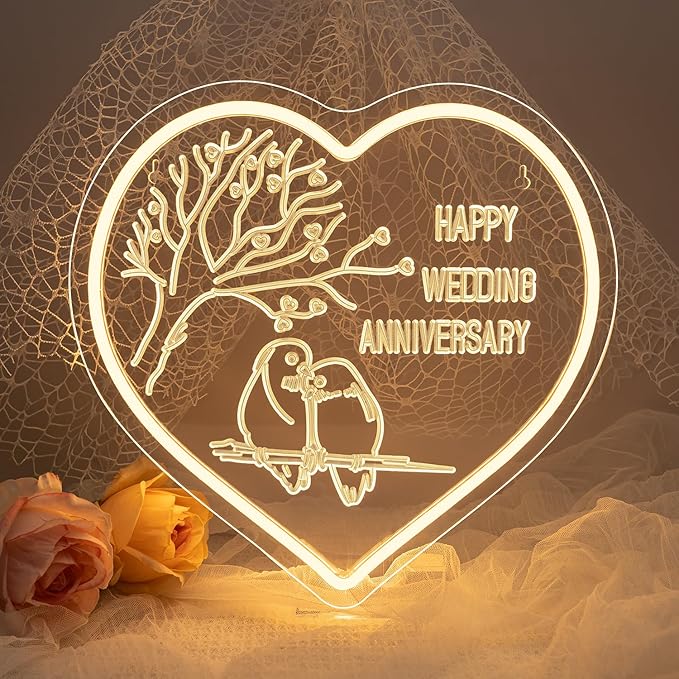 Lucunstar Wedding Neon Sign Happy Anniversary LED Sign for Wall Decor Warm White LED Light Love Signs Heart Decor in Wedding Party Bedroom Home Live Room Love Gifts for Couple in Anniversary Party