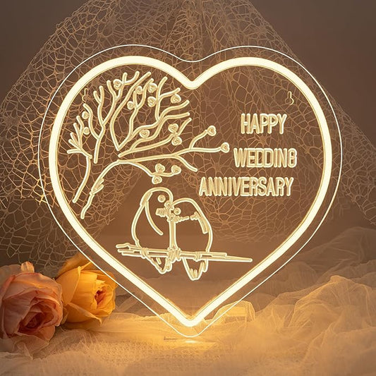 Lucunstar Wedding Neon Sign Happy Anniversary LED Sign for Wall Decor Warm White LED Light Love Signs Heart Decor in Wedding Party Bedroom Home Live Room Love Gifts for Couple in Anniversary Party