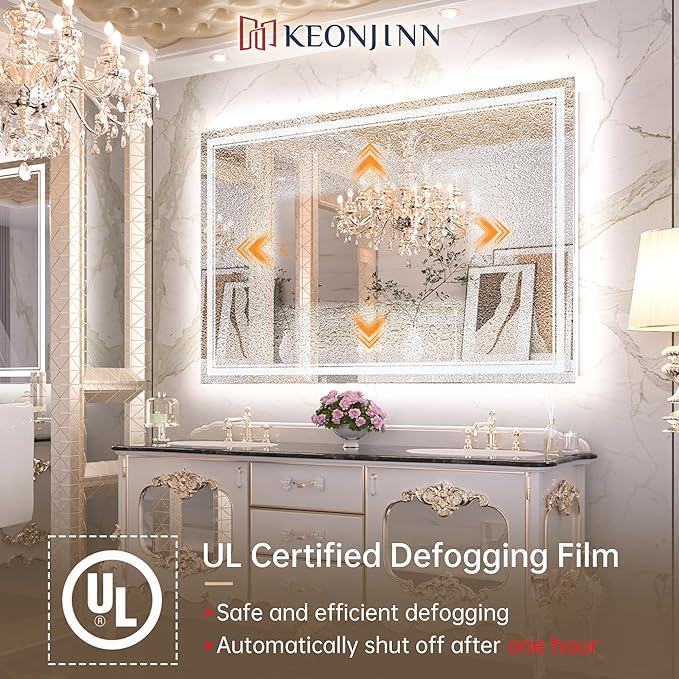 Keonjinn LED Bathroom Mirror 60" x 40" with Frontlit and Backlight, Tempered Glass Stepless 3 Colors Temperature & Dimmable Vanity Mirror, UL Listed LED Driver, Double Lights Anti-Fog Wall Mirror