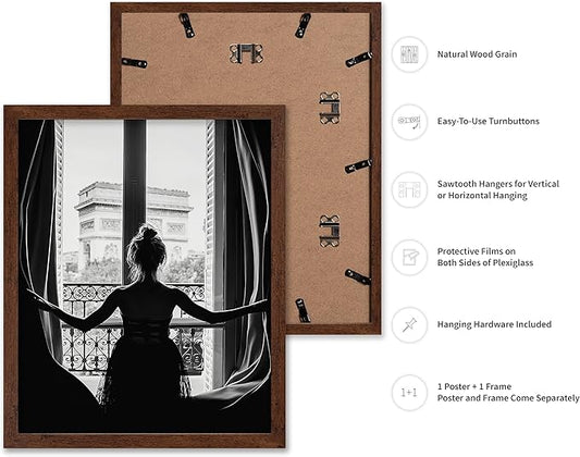 Poster Master Vintage Photograph Poster - Retro Minimalist Print - Girl In The Open Window, Black & White, Simple - Gift for Artist, Friend - Wall Decor for Living Room, Dorm, 11x14 Brown Framed