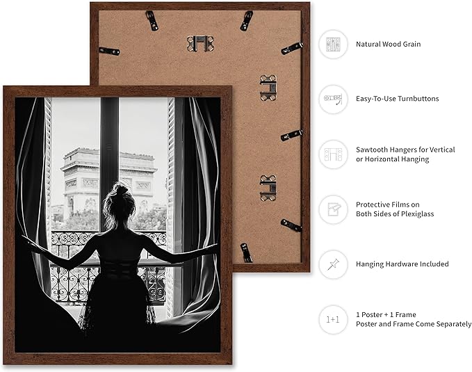 Poster Master Vintage Photograph Poster - Retro Minimalist Print - Girl In The Open Window, Black & White, Simple - Gift for Artist, Friend - Wall Decor for Living Room, Dorm, 8x10 Brown Framed