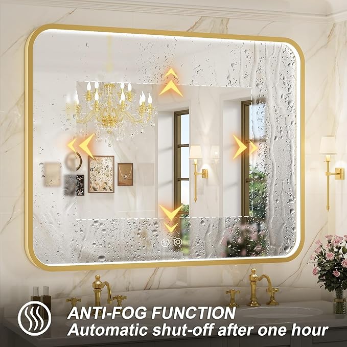 43X36 Inch Framed LED Lighted Bathroom Mirror,Wall Mounted Gold Metal Vanity Mirrors with Lights,Dimmable Illuminated Anti-Fog Mirror(Horizontal/Vertical)