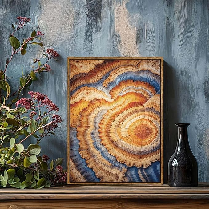 BingruiArt Framed Tree Ring Canvas Wall Art Abstract Wood Wall Decor Boho Modern Colorful Nature Painting Wood Stump Prints Pictures for Living Room Bedroom Bathroom Office 12"x16" Natural Framed(09)
