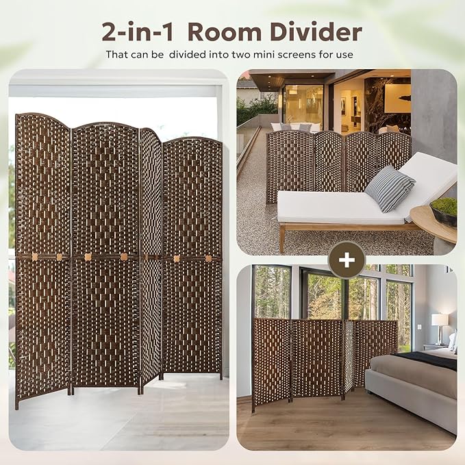 JOSTYLE Room Divider 6FT Folding Wall Divider for Room Separation Portable Privacy Screen Hand-Made Freestanding Room Partition Dividers, 2-in-1 Multifunction Room Divider Panel (Brown, 4 Panel)