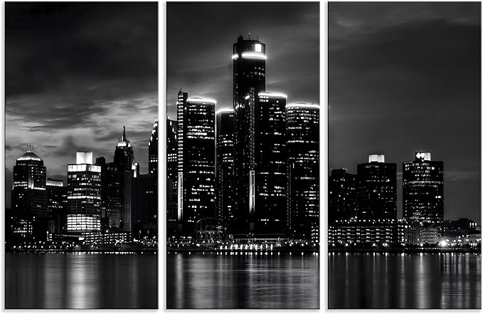NAN Wind 3 Pcs Detroit Skyline Canvas Wall Art Cityscape Night Scene Black and White City Art Print on Canvas Modern Giclee Framed Painting for Room Decor Home Decor Detroit Skyline Picture Prints