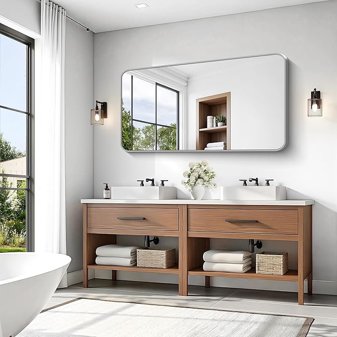 KOCUUY Silver Bathroom Mirror, 30x55 Inch Bathroom Mirror for Over Sink, HD Tempered Glass, Anti-Rust Brushed Silver Frame, Rounded Corner Modern Design for Bathroom, Hang Horizontal/Vertical