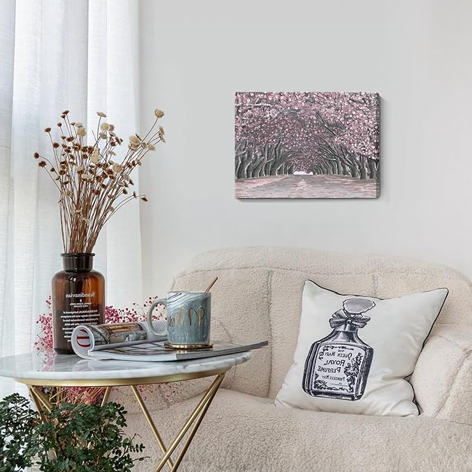 Nicetop Pink Wall Art–Abstract Floral Trees Artwork Canvas Print Romantic Cherry Blossom Nature Forest Path Archway Landscape Picture Decor for Bedroom Girls Room Bathroom, 16x12 Inch