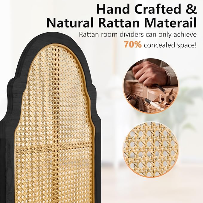 4 Panel Rattan Room Divider, 6 FT Tall Portable Partition Solid Wood Frame Folding Privacy Screen, Partition Room Divider Ideal for Bedroom Living Room Office, Black