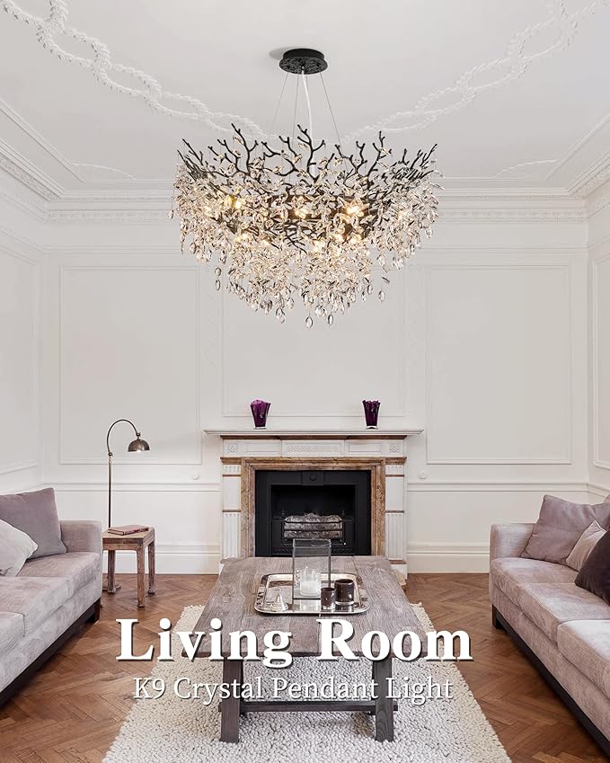 Modern Crystal Chandelier for Dining Room, 39.5" Black Tree Branch Chandeliers, 12-Light Luxury K9 Crystal Round Chandeliers for Kitchen Island Living Room