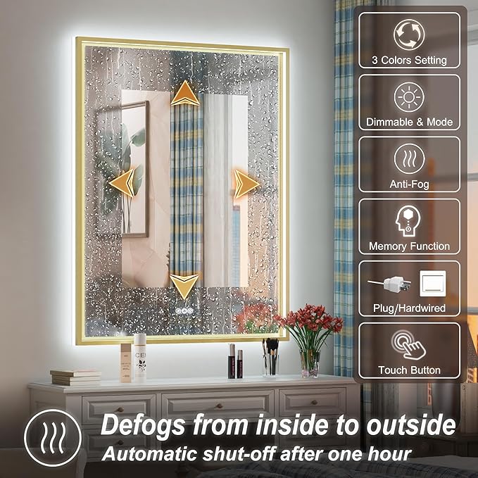 28x36 Inch Gold LED Bathroom Mirror with Front and Back Lights, Adjustable 3000K/4500K/6000K, Wall Mounted Lighted Bathroom Vanity Mirror, Dimmable, Anti-Fog, Horizontal/Vertical