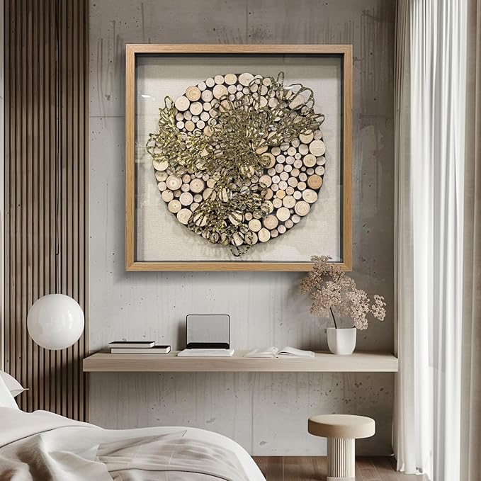 BrightA 3D Textured Wood Block Wall Art - Hand-Assembled Timber Base with Golden Vine Metal Accents, Tempered Glass & Solid Wood Frame Contemporary Decorfor Living Room Office 31.5"x31.5"