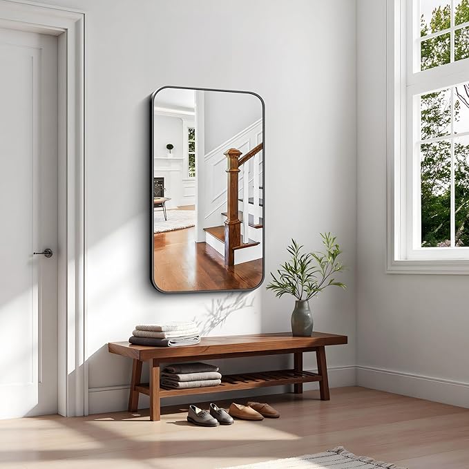 KOCUUY Bathroom Mirror 24" x 40", Black Rectangle Mirror with Metal Frame, Matte Black Vanity Mirror Rounded Corner Decorative for Bedroom, Living Room, Entryway (Horizontal/Vertical)