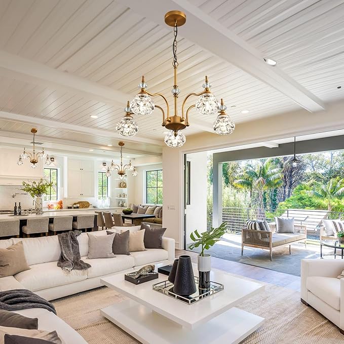 5-Light Vintage Gold Crystal Chandeliers for Dining Room, Antique Victorian Chandelier, Rustic Kitchen Island Light Fixtures, Modern Farmhouse Hanging Pendant Lights for Living Room, Bedroom, Foyer