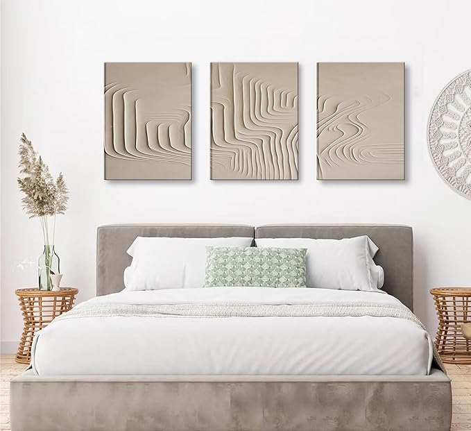 3Pcs Framed Beige Cream Abstract Textured Line Art Curved Canvas Wall Art Prints Posters Pictures Paintings Wall Decor for Minimalist Boho Living Room Bedroom Office Decoration