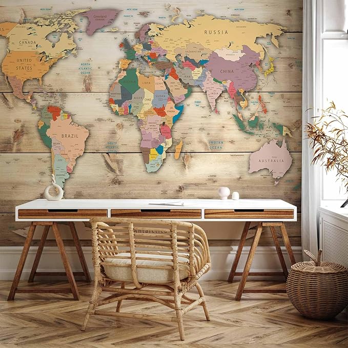 artgeist Premium Wall Mural World Map 177x124 in - XXL Non-Woven Wallpaper Fleece Wall Decor Photo Print Picture Image Design Home Map of The World k-B-0009-a-b
