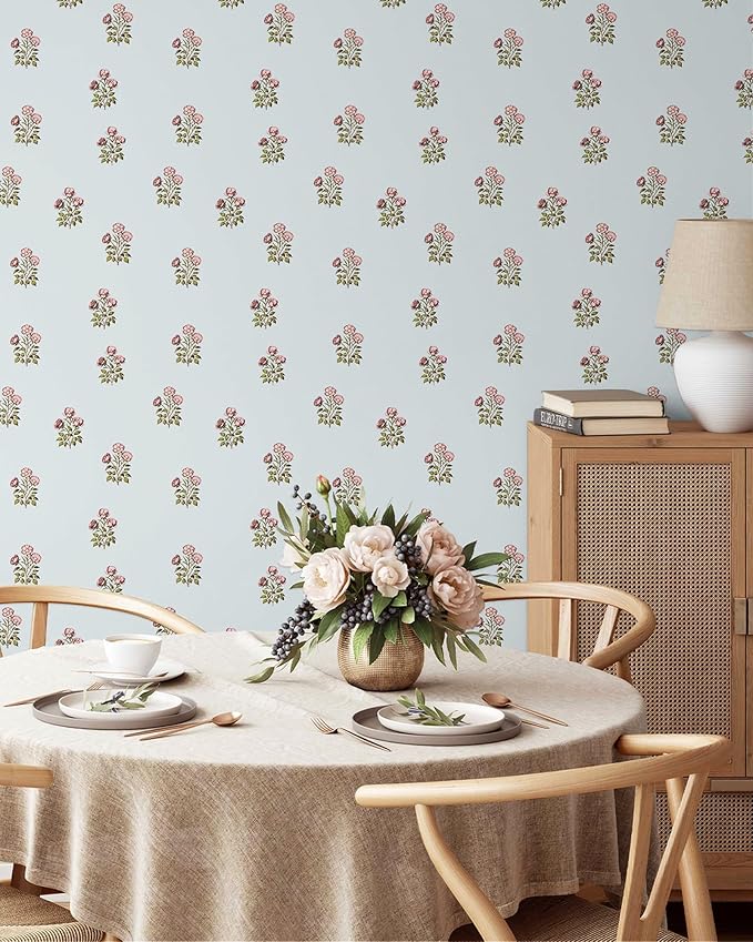 17.3" x 196.8" Blue Floral Wallpaper, Vintage Peel and Stick Wallpaper Self Adhesive Waterproof Stick and Peel Wall Paper for Bedroom Cabinet Décor