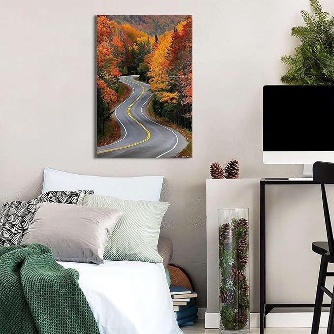 Large Forest Wall Art Autumn Mountain Pictures Wall Decor for Living Room Farmhouse Country Road Landscape Canvas Prints Nature Red Orange Woodland Artwork for Kitchen Office Home Decoration 24x36"