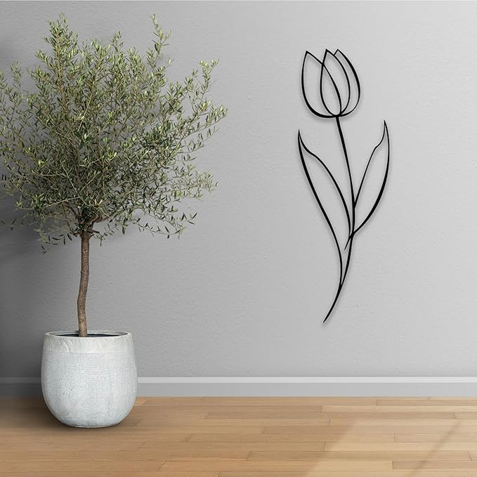 Minimalist Floral Metal Wall Art, Modern Tulip Design for Home Decor, Metal Flower Wall Sculpture for Living Room, Bedroom, or Office (79x26 inches)