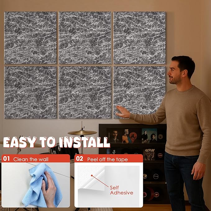 Acoustic Wall Panels 6 Pack, 24"x24"Decorative Art Soundproof Panels, Sound Absorbing Self-Adhesive Panel, Acoustic Treatment for Studio, Home Theater, Office (Storm AuraGrain)