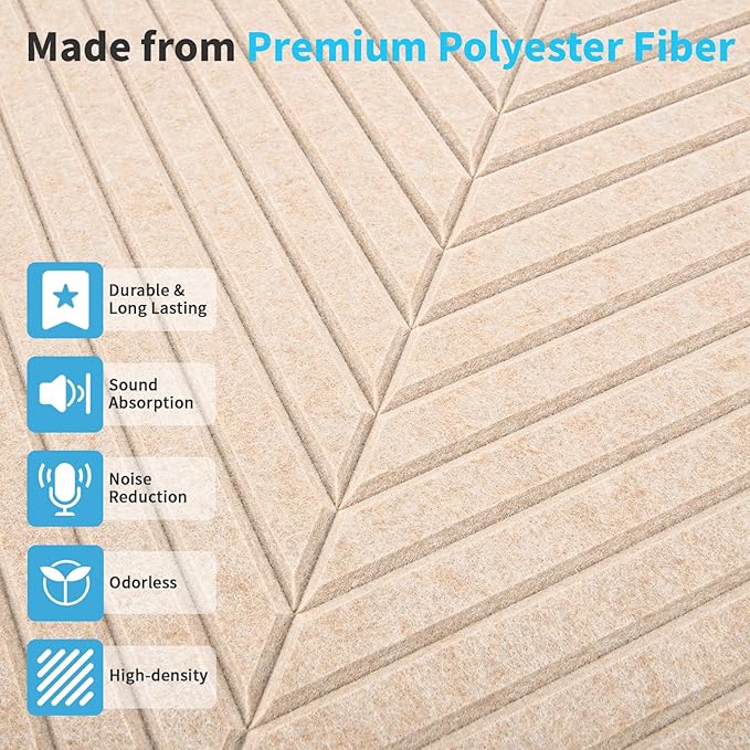Art3d 6-Pack Self-Adhesive Acoustic Wall Panels for Home Décor, 24 x 24 Inch Soundproofing Panels for Office Studio Bedroom - High Noise Absorption Polyester Fiber, Camel