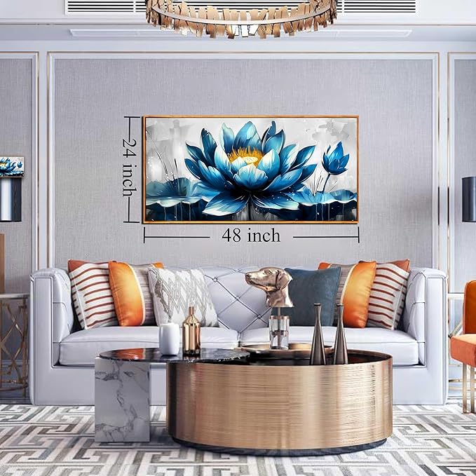 Ouzzlie Lotus Wall Art Blue Wall Decor Flower Painting Gray Canvas for Bedroom Modern Art 24" x 48"