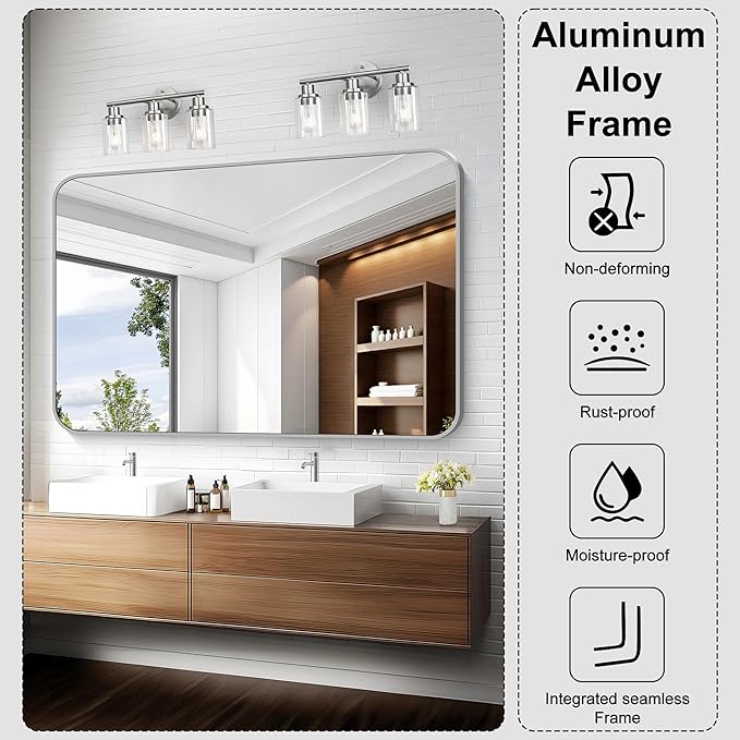 KOCUUY Silver Bathroom Mirror, 55x36 Inch Large Bathroom Mirror for Over Sink, HD Tempered Glass, Anti-Rust Brushed Silver Frame, Rounded Corner Modern Design for Bathroom, Hang Horizontal/Vertical