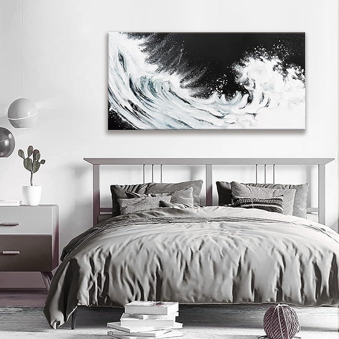 Black Abstract Wall Art Living Room Abstract Painting Wall Decor Modern 24"X 48" Canvas Art Wall Decor Black White Ocean Waves Wall Art Canvas Prints Artwork Pictures For Bedroom Kitchen Artwork