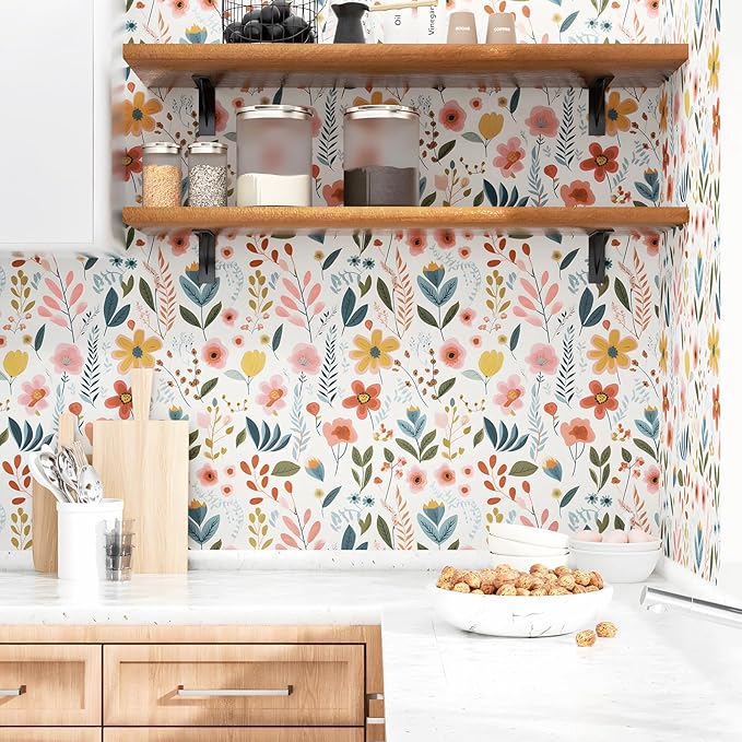 Colorful Floral Peel and Stick Wallpaper Leaf Vintage Contact Paper Cute White Floral Wall Paper Removable Wallpaper Self Adhesive for Cabinet Drawers Wall Decor 17.5''x393''