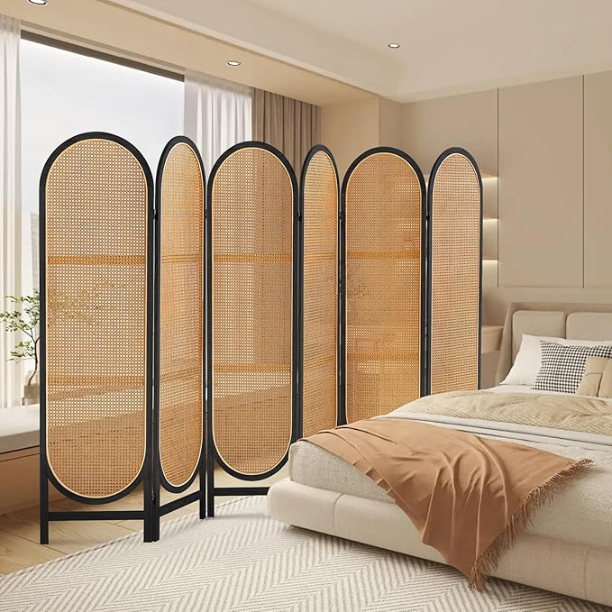 6 Panels Room Dividers, Hand-Woven Rattan Room Divider Panel and Folding Privacy Screens, Wood Room Divider Wall Freestanding Room Partitions Screen for Home Office Bedroom, Light Brown