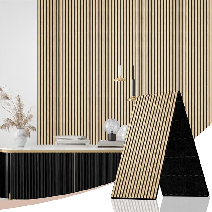 AKK-Stave Acoustic Wood Slat Wall Panels, Foldable Panels 94.5" X 23.6 "X 0.7" 15.5 ft² 3D Fluted Sound Absorbing Panel, for Interior Decoration (Classic Oak 13#)