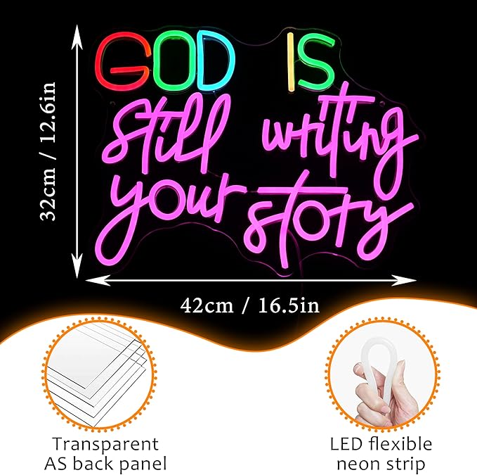 LISIGNVE God Is Still Writing Your Story Neon Sign USB Powered Christian Neon Light Sign Wall Decor Dimmable LED God Neon Light for Church Bedroom Wedding Birthday Party Neon Sign(16.5”*12.6”)