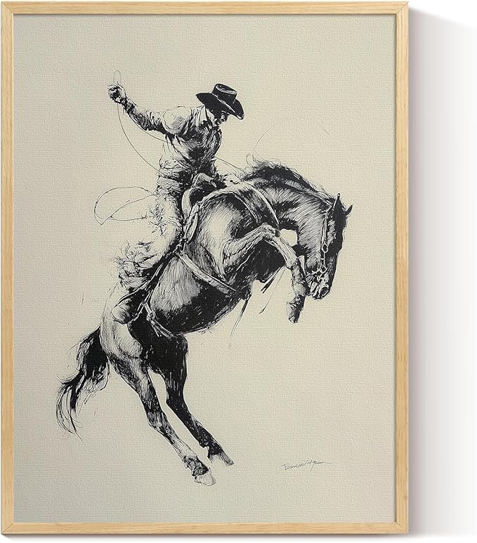 ARPEOTCY Small Framed Canvas Wall Art, 12x16in, Vintage Sketch Cowboy Horse Art, Western Room Wall Decor for Bedroom Shelf, Country Retro Artwork