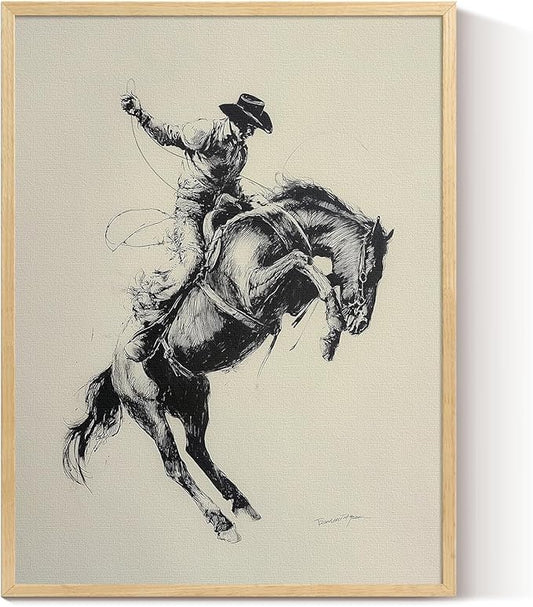 ARPEOTCY Small Framed Canvas Wall Art, 12x16in, Vintage Sketch Cowboy Horse Art, Western Room Wall Decor for Bedroom Shelf, Country Retro Artwork