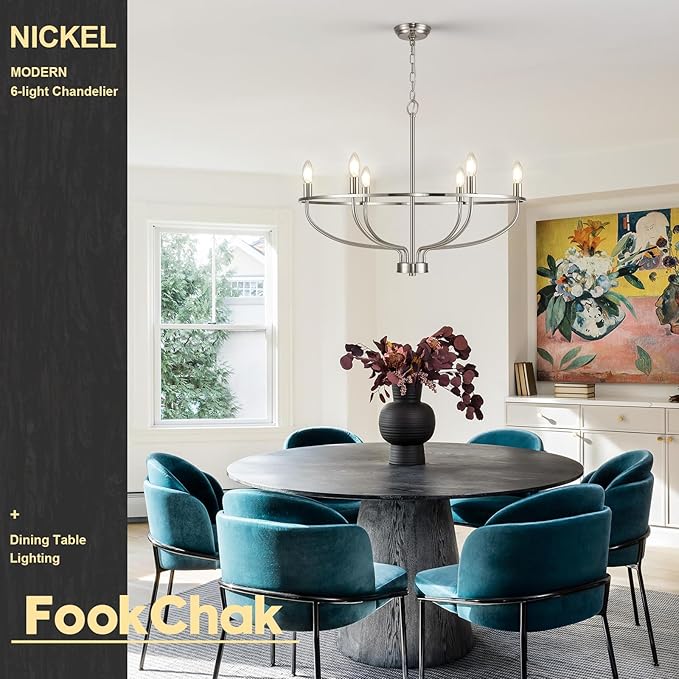 Brushed Nickel Chandelier, 6-Light Dining Room Chandelier Chrome Light Fixture Metal Candle Kitchen Chandeliers 28inch Round Chandeliers with Long Chain for Bedroom Living Room