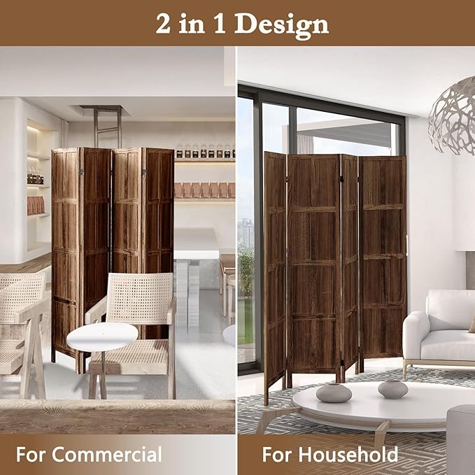4 Panel Room Divider, 5.6Ft Wood Room Dividers and Folding Privacy Screens, Room Divider Wall Freestanding Room Partitions, Room Dividers Screen for Home Office Restaurant Bedroom, Dark Brown
