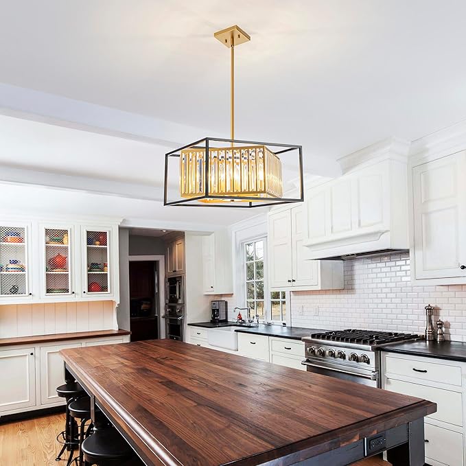 6-Light K9 Crystal Chandelier, Modern Style Pendant Light Fixture for Dining Room, Living Room, L16.5*W16.5*H17~47 inch (Adjustable Height), Gold & Black Finish Frame