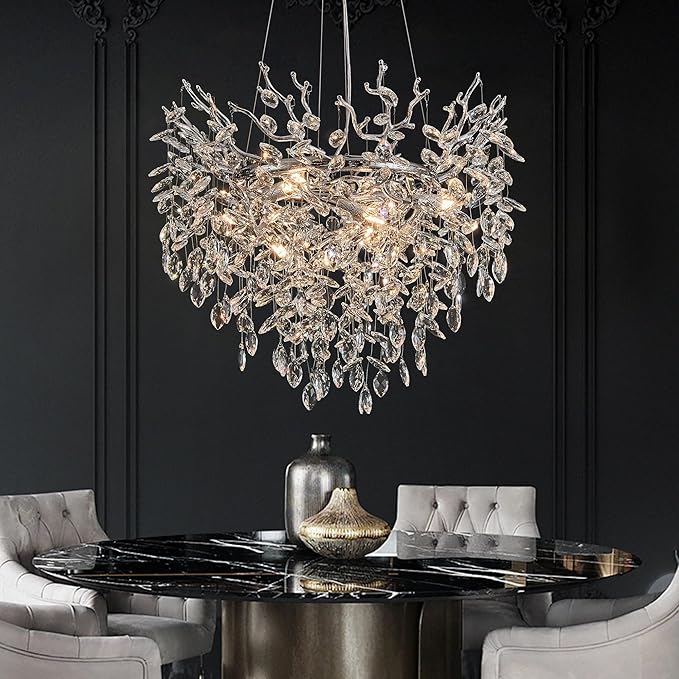Modern Crystal Chandelier for Dining Room, 23.62" Chrome Tree Branch Chandeliers, 8-Light Luxury K9 Crystal Round Chandeliers for Kitchen Island Living Room