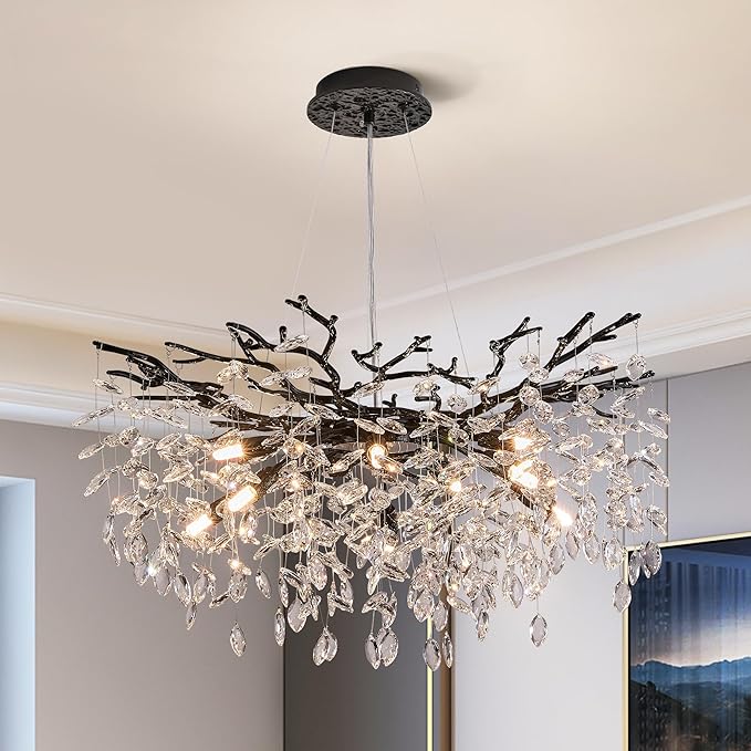 Modern Tree Branch Crystal Chandelier Luxury Black Crystal Pendant Lighting 30" Contemporary 10-Light Chandeliers for Dining Room Kitchen Bedroom Living Room