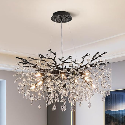 Modern Tree Branch Crystal Chandelier Luxury Black Crystal Pendant Lighting 30" Contemporary 10-Light Chandeliers for Dining Room Kitchen Bedroom Living Room