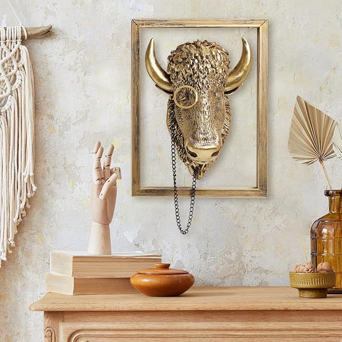 Newinhome Animal Heads Wall Decoration (Gift Metal Frame) Resin Animals Sculptures Head Wall Hanging Decor Gold vintage Wall Sculpture for Living Room Bedroom Office(Bull)
