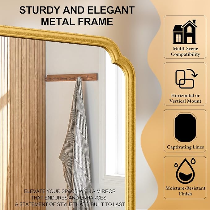 26"x40" Rustproof Bathroom Mirror Gold, Round Corner Metal Frame Wall Mirror, Horizontal/Vertical Hanging Over Sink, Bedroom Bathroom Decor