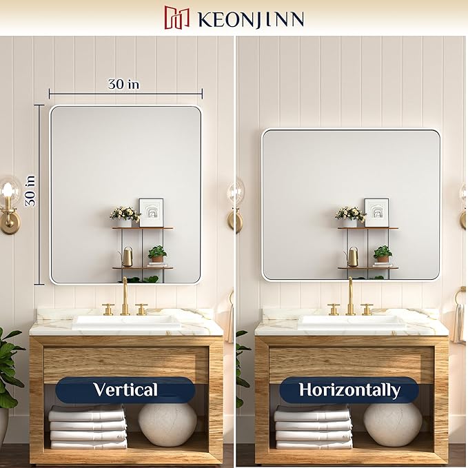 Keonjinn White Bathroom Mirrors for Over Sink, 30 x 36 Inch Metal Framed Bathroom Mirror for Wall, Rounded Rectangle Matte White Mirror with HD Tempered Glass, Hangs Horizontally or Vertically