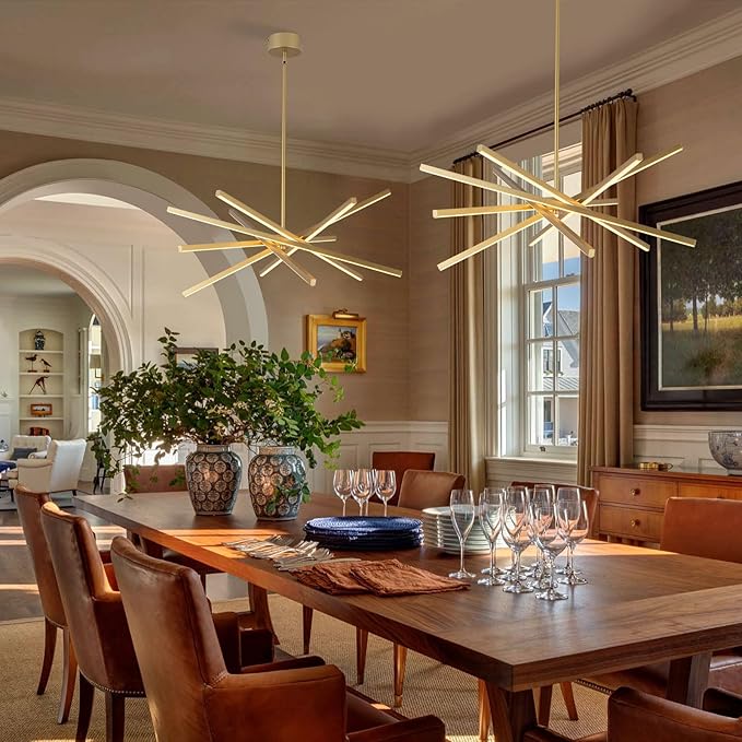 Modern Gold Chandelier Light Fixtures - LED 6-Lights Dining Room Linear Chandeliers Pendant Lights Fixture Over Table 3000K 4500K 6000K 3-Color Dimmable for Kitchen Island Living Room